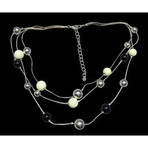Retro Glam Multi-Layered Silver Tone Necklace With Black & Cream Beads Adjustabl